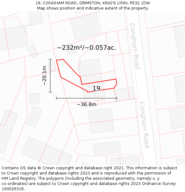 19, CONGHAM ROAD, GRIMSTON, KING'S LYNN, PE32 1DW: Plot and title map