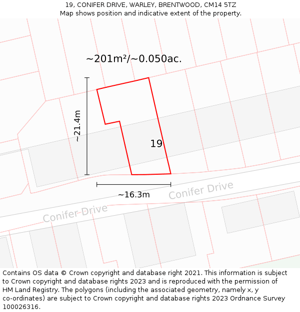19, CONIFER DRIVE, WARLEY, BRENTWOOD, CM14 5TZ: Plot and title map