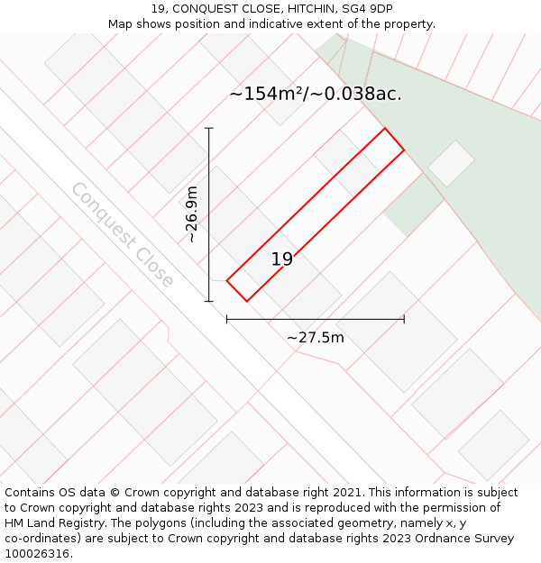 19, CONQUEST CLOSE, HITCHIN, SG4 9DP: Plot and title map
