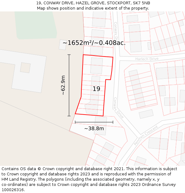19, CONWAY DRIVE, HAZEL GROVE, STOCKPORT, SK7 5NB: Plot and title map