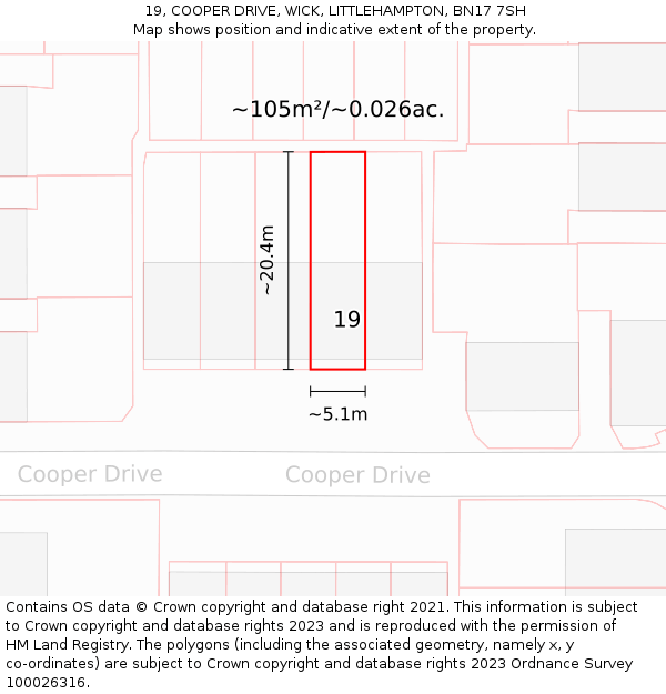 19, COOPER DRIVE, WICK, LITTLEHAMPTON, BN17 7SH: Plot and title map