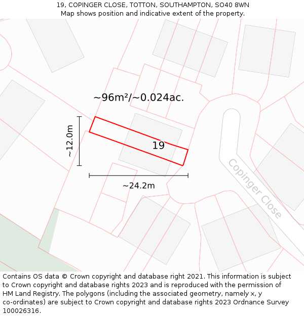 19, COPINGER CLOSE, TOTTON, SOUTHAMPTON, SO40 8WN: Plot and title map