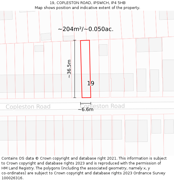 19, COPLESTON ROAD, IPSWICH, IP4 5HB: Plot and title map