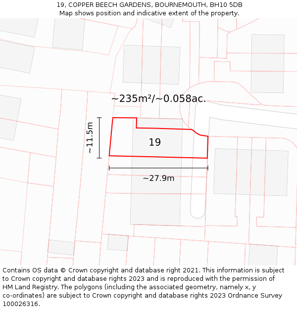 19, COPPER BEECH GARDENS, BOURNEMOUTH, BH10 5DB: Plot and title map