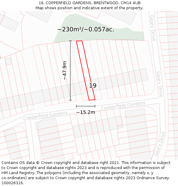 19, COPPERFIELD GARDENS, BRENTWOOD, CM14 4UB: Plot and title map
