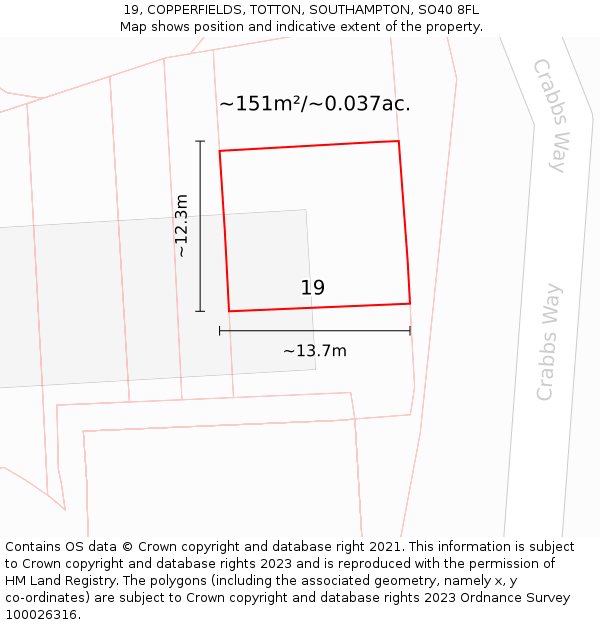 19, COPPERFIELDS, TOTTON, SOUTHAMPTON, SO40 8FL: Plot and title map