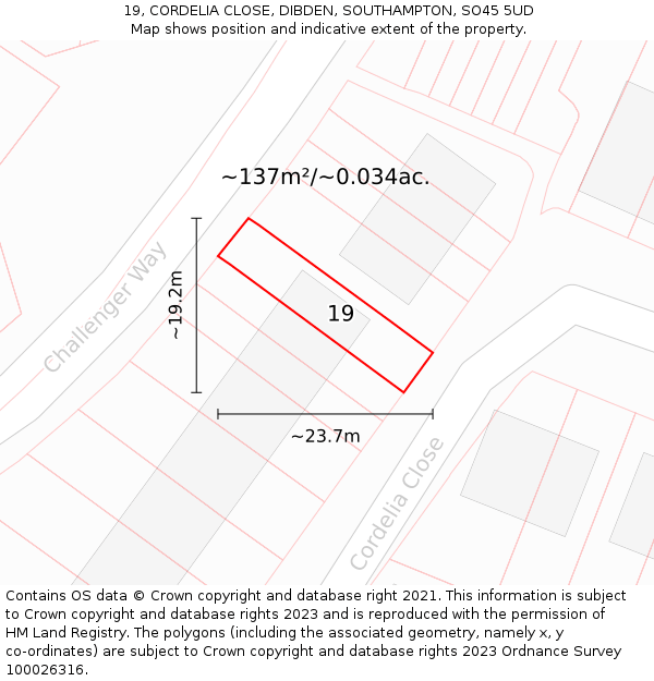 19, CORDELIA CLOSE, DIBDEN, SOUTHAMPTON, SO45 5UD: Plot and title map