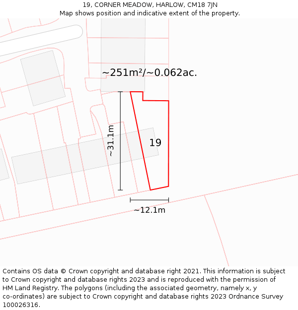 19, CORNER MEADOW, HARLOW, CM18 7JN: Plot and title map