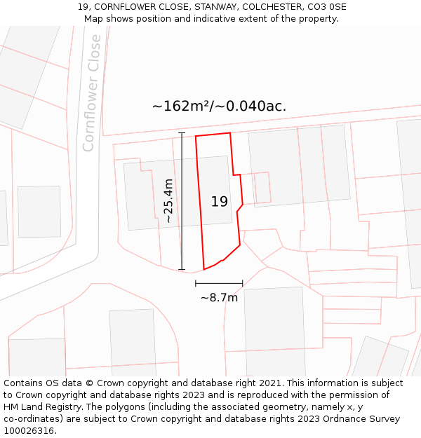 19, CORNFLOWER CLOSE, STANWAY, COLCHESTER, CO3 0SE: Plot and title map
