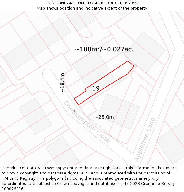 19, CORNHAMPTON CLOSE, REDDITCH, B97 6SL: Plot and title map