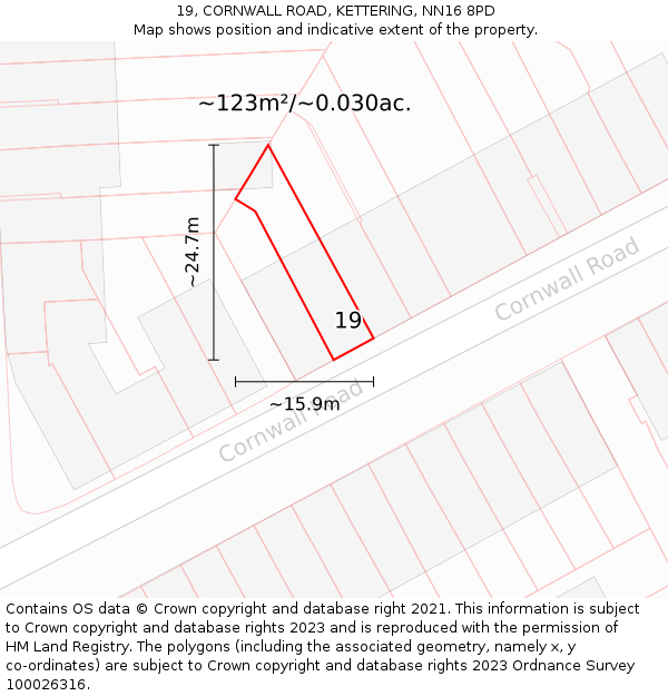 19, CORNWALL ROAD, KETTERING, NN16 8PD: Plot and title map