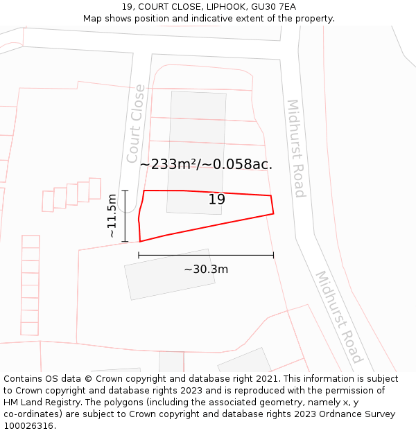 19, COURT CLOSE, LIPHOOK, GU30 7EA: Plot and title map