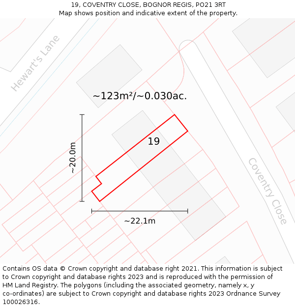 19, COVENTRY CLOSE, BOGNOR REGIS, PO21 3RT: Plot and title map