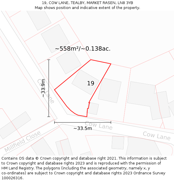 19, COW LANE, TEALBY, MARKET RASEN, LN8 3YB: Plot and title map