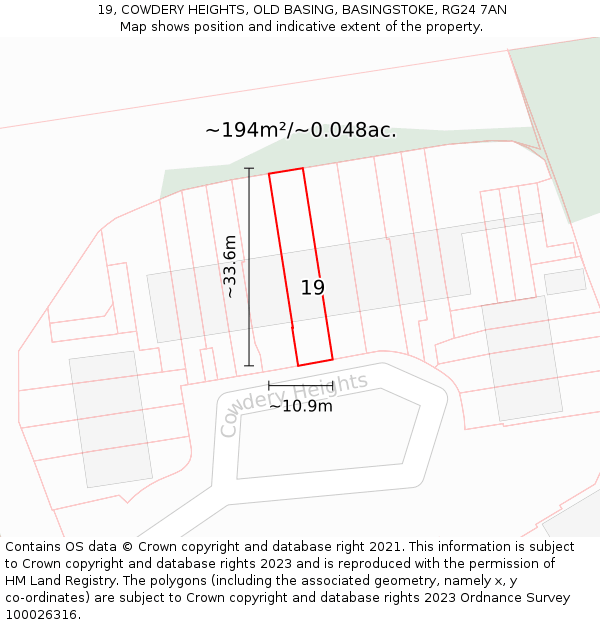 19, COWDERY HEIGHTS, OLD BASING, BASINGSTOKE, RG24 7AN: Plot and title map