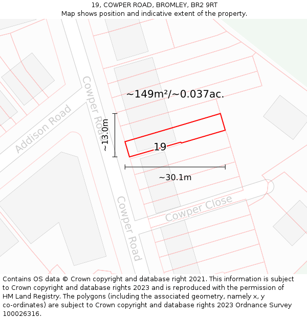 19, COWPER ROAD, BROMLEY, BR2 9RT: Plot and title map