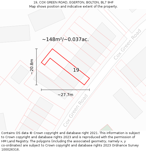 19, COX GREEN ROAD, EGERTON, BOLTON, BL7 9HF: Plot and title map