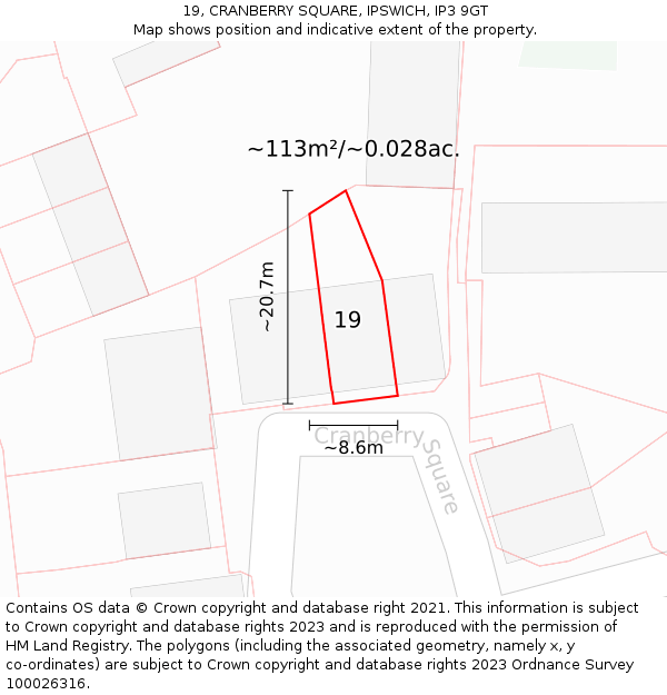19, CRANBERRY SQUARE, IPSWICH, IP3 9GT: Plot and title map