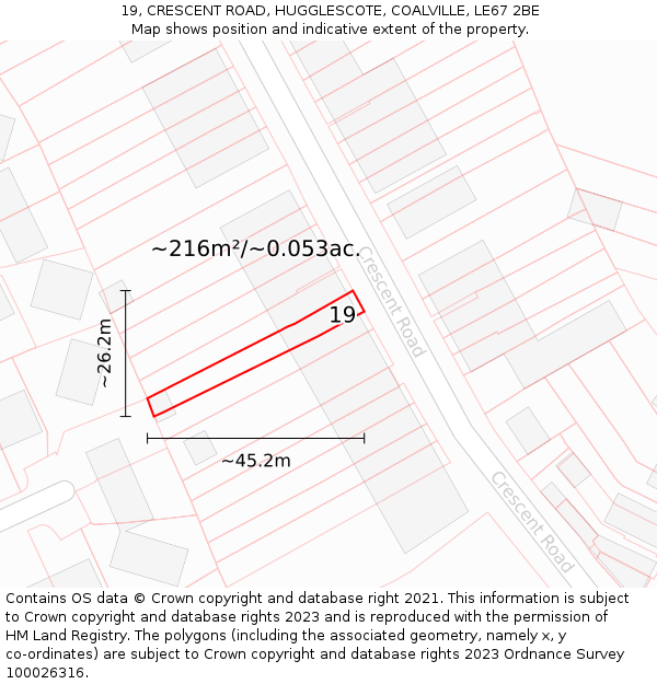 19, CRESCENT ROAD, HUGGLESCOTE, COALVILLE, LE67 2BE: Plot and title map