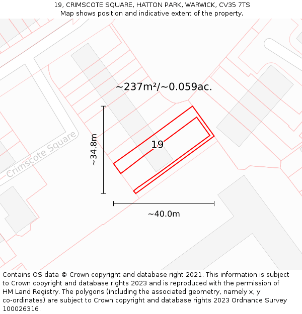 19, CRIMSCOTE SQUARE, HATTON PARK, WARWICK, CV35 7TS: Plot and title map