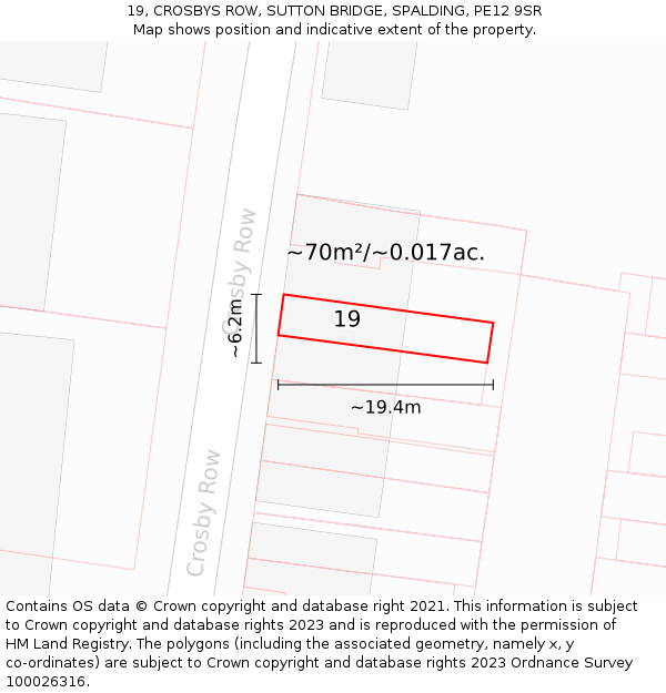 19, CROSBYS ROW, SUTTON BRIDGE, SPALDING, PE12 9SR: Plot and title map