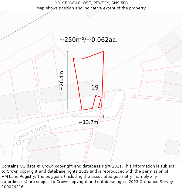 19, CROWN CLOSE, PEWSEY, SN9 5FD: Plot and title map