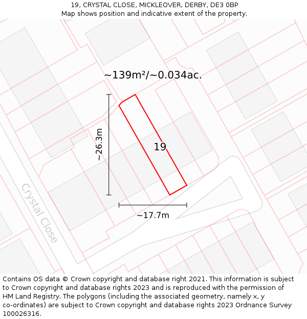 19, CRYSTAL CLOSE, MICKLEOVER, DERBY, DE3 0BP: Plot and title map