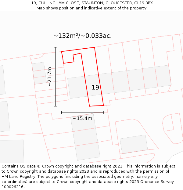 19, CULLINGHAM CLOSE, STAUNTON, GLOUCESTER, GL19 3RX: Plot and title map