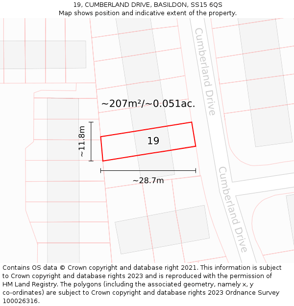 19, CUMBERLAND DRIVE, BASILDON, SS15 6QS: Plot and title map