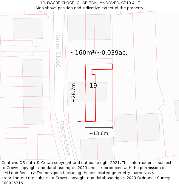 19, DACRE CLOSE, CHARLTON, ANDOVER, SP10 4HE: Plot and title map