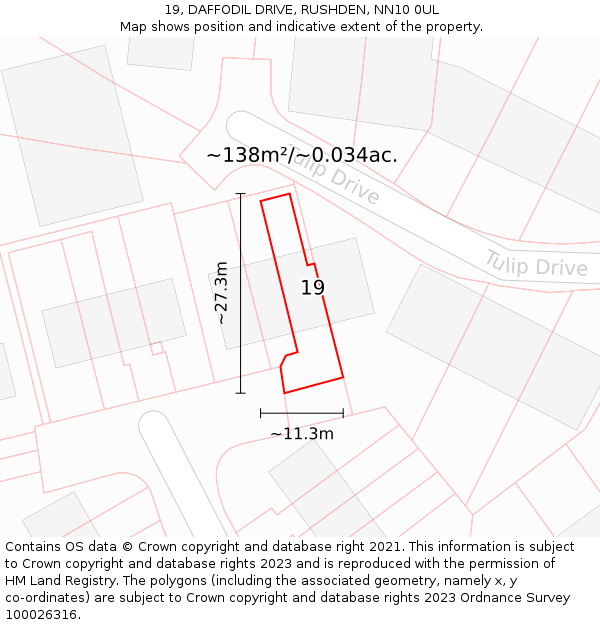 19, DAFFODIL DRIVE, RUSHDEN, NN10 0UL: Plot and title map