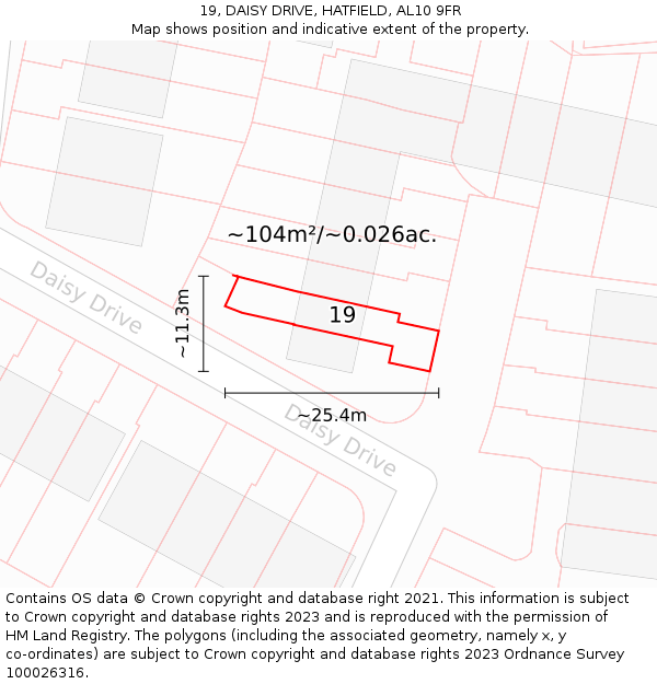 19, DAISY DRIVE, HATFIELD, AL10 9FR: Plot and title map