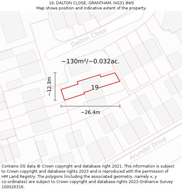 19, DALTON CLOSE, GRANTHAM, NG31 8WS: Plot and title map