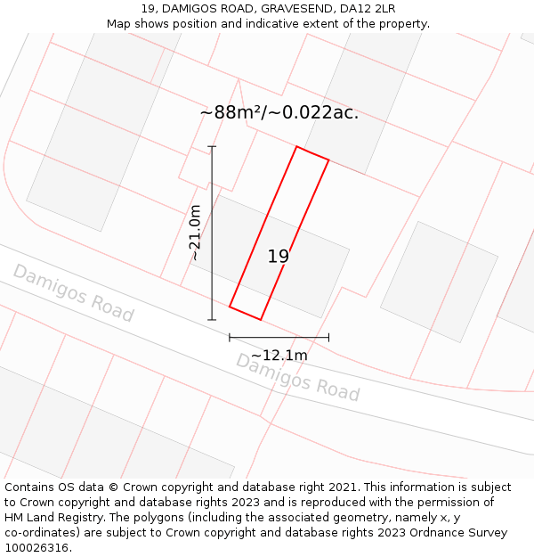 19, DAMIGOS ROAD, GRAVESEND, DA12 2LR: Plot and title map