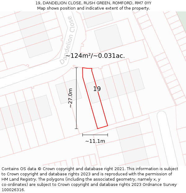 19, DANDELION CLOSE, RUSH GREEN, ROMFORD, RM7 0YY: Plot and title map