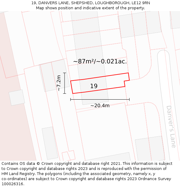 19, DANVERS LANE, SHEPSHED, LOUGHBOROUGH, LE12 9RN: Plot and title map