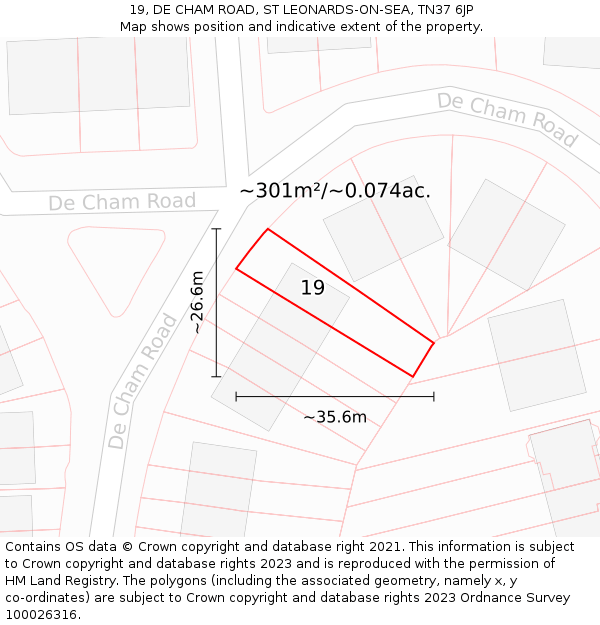 19, DE CHAM ROAD, ST LEONARDS-ON-SEA, TN37 6JP: Plot and title map