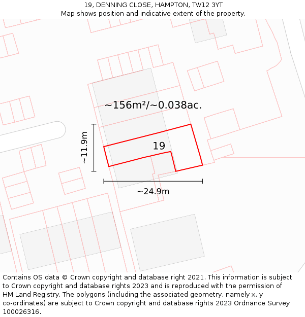 19, DENNING CLOSE, HAMPTON, TW12 3YT: Plot and title map