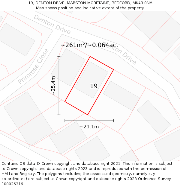 19, DENTON DRIVE, MARSTON MORETAINE, BEDFORD, MK43 0NA: Plot and title map