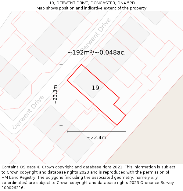 19, DERWENT DRIVE, DONCASTER, DN4 5PB: Plot and title map