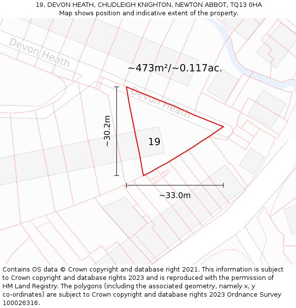 19, DEVON HEATH, CHUDLEIGH KNIGHTON, NEWTON ABBOT, TQ13 0HA: Plot and title map