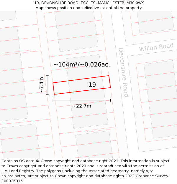 19, DEVONSHIRE ROAD, ECCLES, MANCHESTER, M30 0WX: Plot and title map
