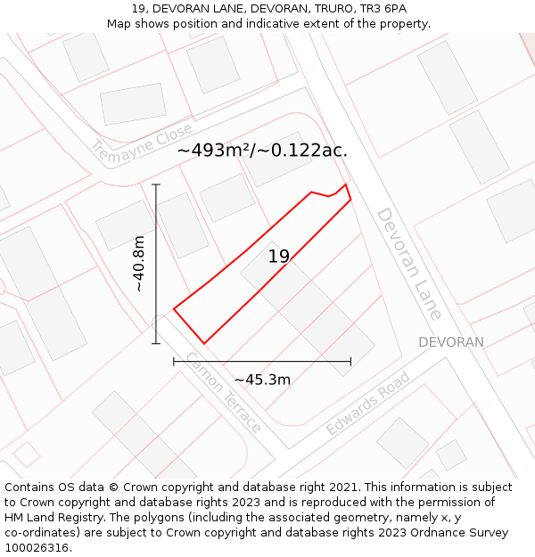 19, DEVORAN LANE, DEVORAN, TRURO, TR3 6PA: Plot and title map