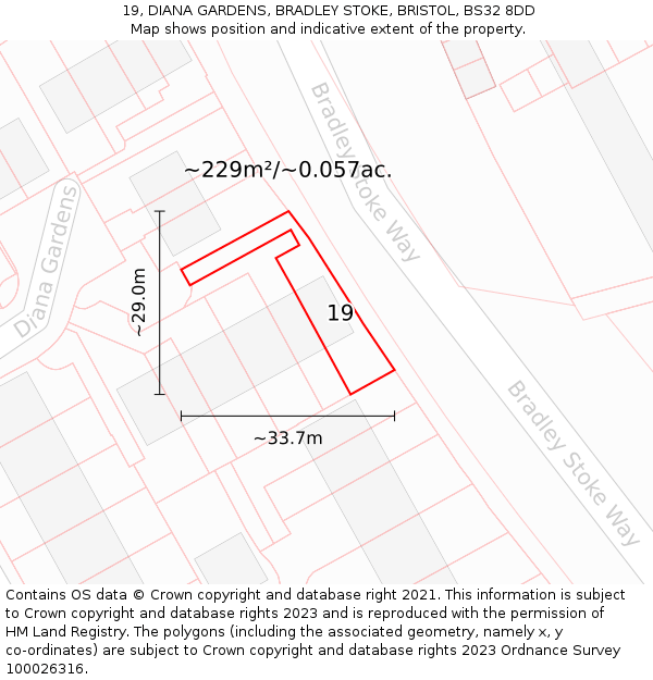 19, DIANA GARDENS, BRADLEY STOKE, BRISTOL, BS32 8DD: Plot and title map