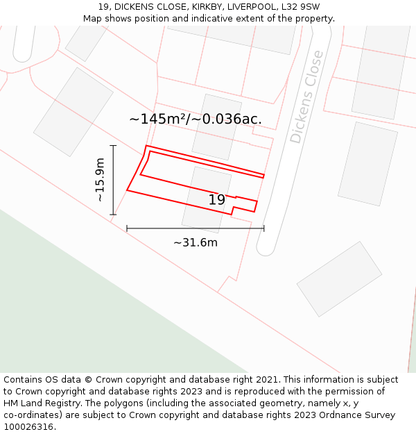 19, DICKENS CLOSE, KIRKBY, LIVERPOOL, L32 9SW: Plot and title map