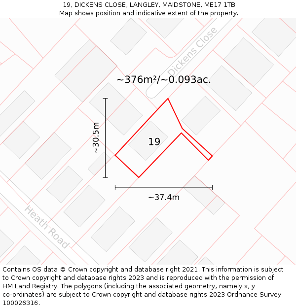 19, DICKENS CLOSE, LANGLEY, MAIDSTONE, ME17 1TB: Plot and title map
