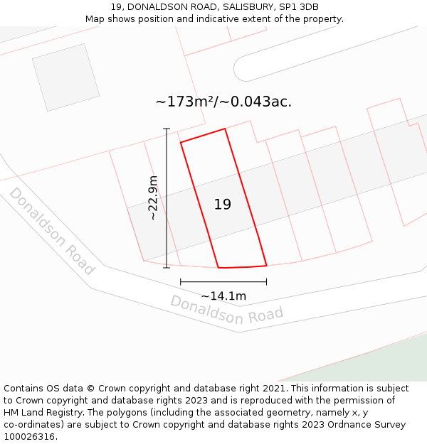 19, DONALDSON ROAD, SALISBURY, SP1 3DB: Plot and title map