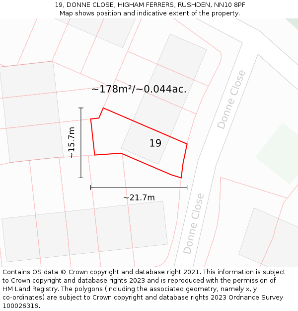19, DONNE CLOSE, HIGHAM FERRERS, RUSHDEN, NN10 8PF: Plot and title map