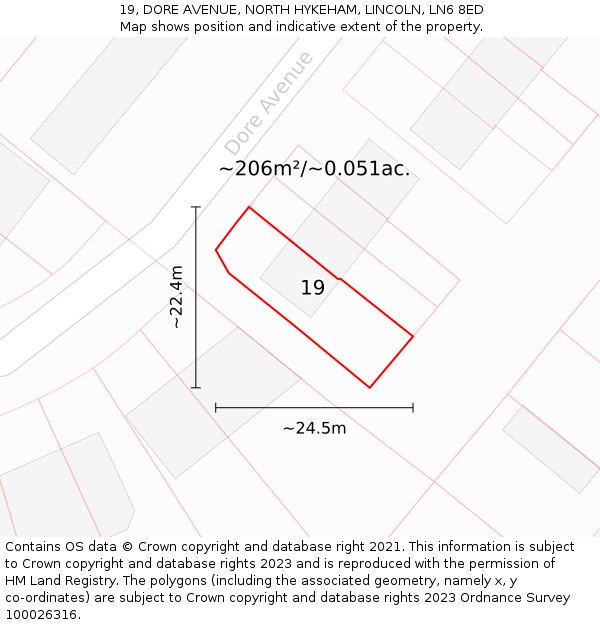 19, DORE AVENUE, NORTH HYKEHAM, LINCOLN, LN6 8ED: Plot and title map