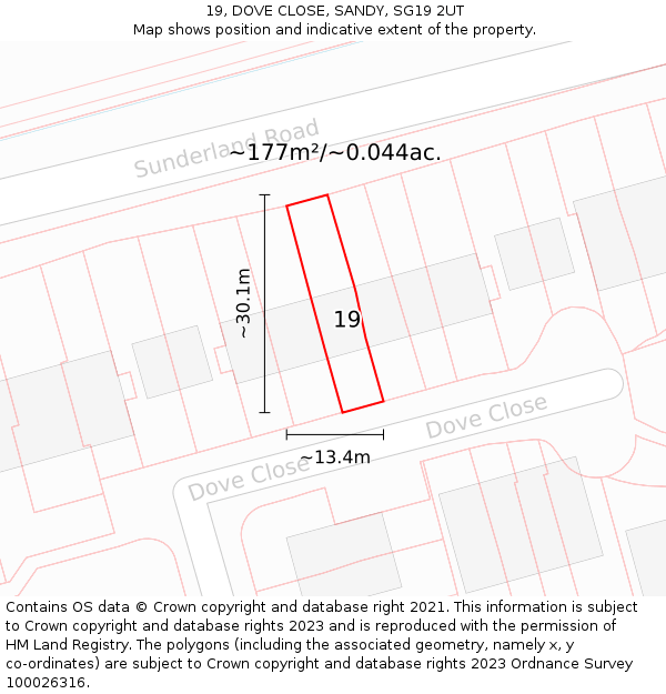 19, DOVE CLOSE, SANDY, SG19 2UT: Plot and title map